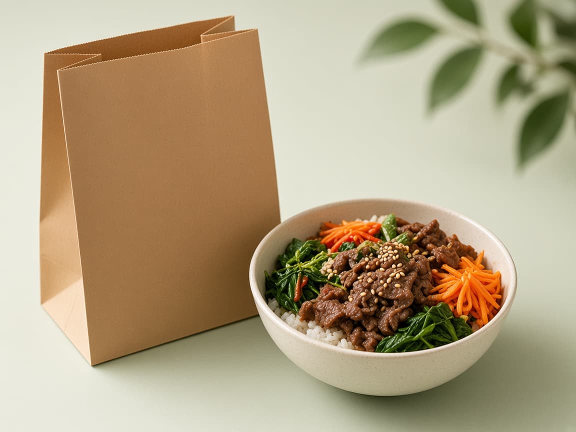 Office lunch bag beside a bulgogi bowl